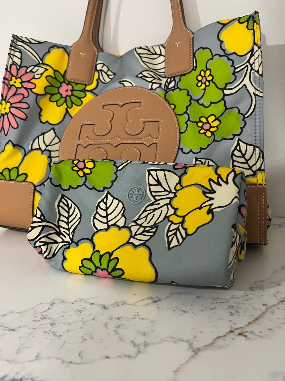 Tory Burch Pastel Floral Logo Tote in Light Blue and Tan - Picture 7 of 8